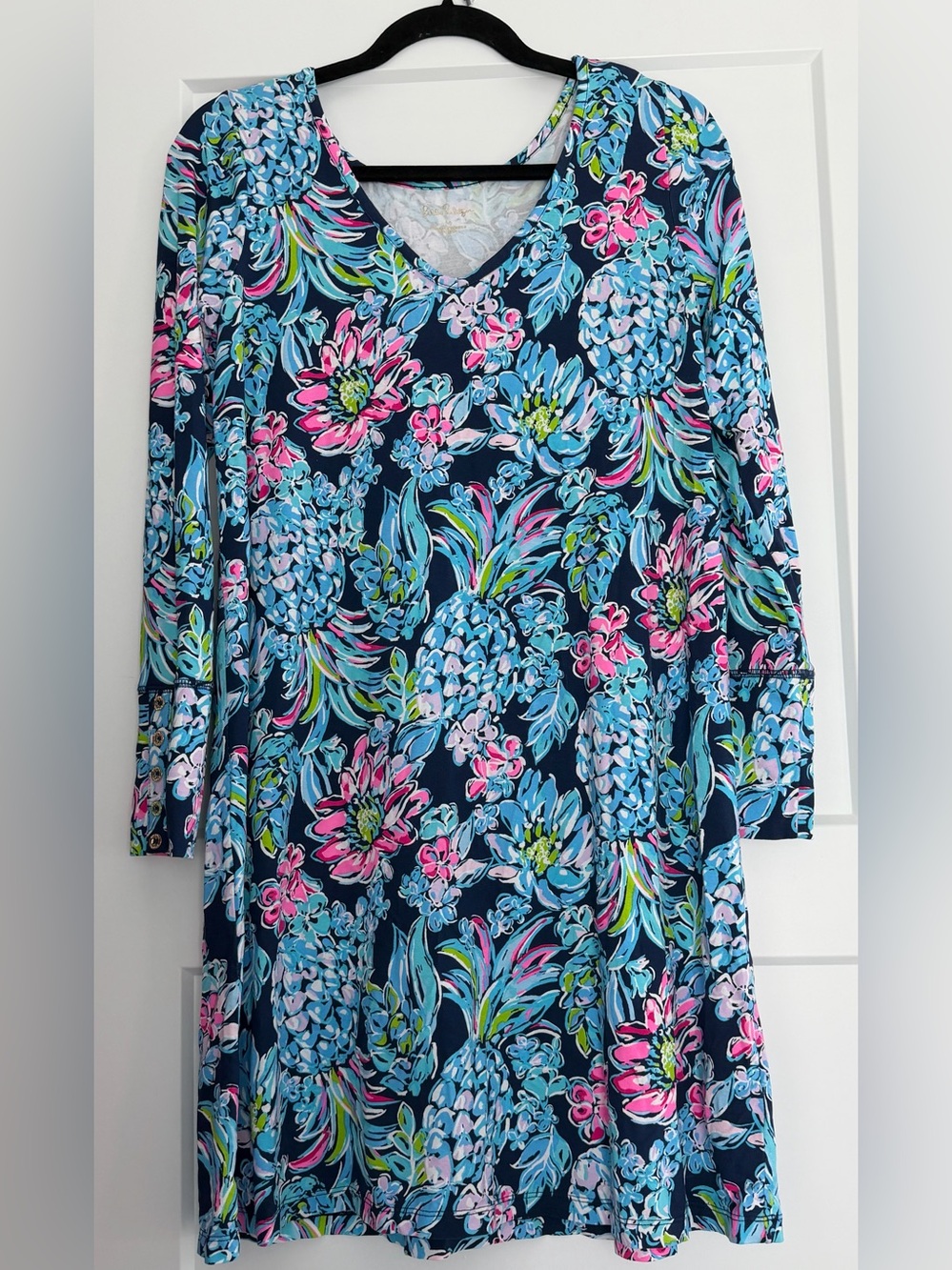 EUC Lilly Pulitzer Pineapple Paradise Long Sleeve Tunic Navy Blue Dress, Medium